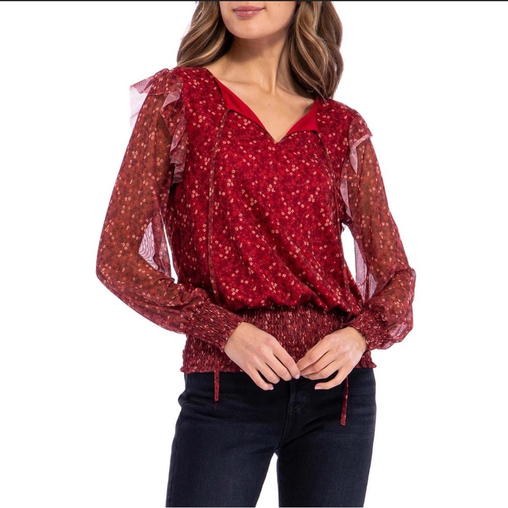 Bobeau Burgundy Floral Blouse with Sheer Sleeves
